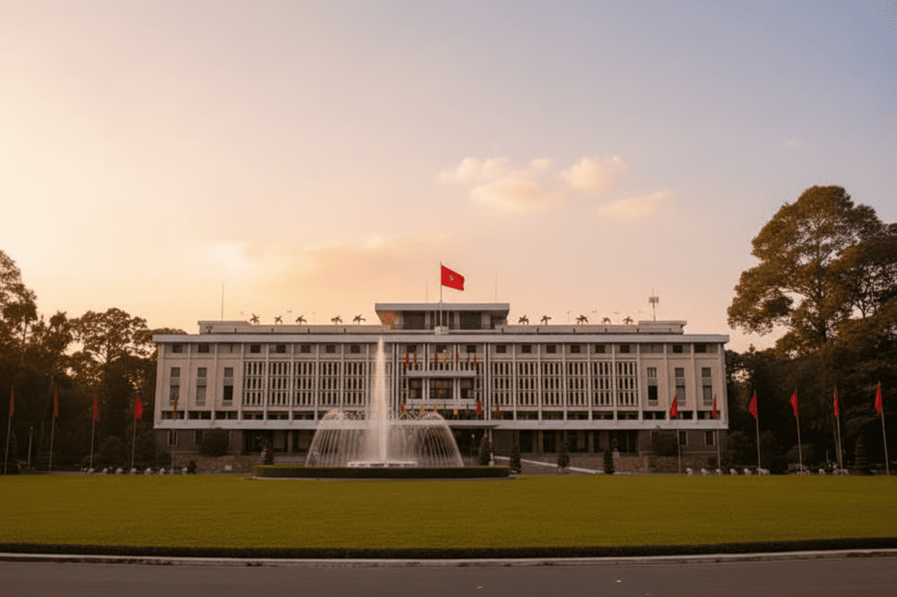 In front of the Independence Palace is a large square with a row of national flags